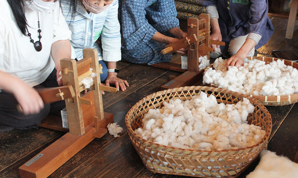 綿から、種を取り出す作業。綿の繊維はしっかり種にくっついているので、「ろくろ」と呼ばれる道具で種と綿を分けていく。